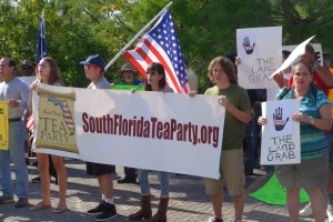 Fake duped protestors at april 2 WRAC meeting. Photo by Darrell Brand